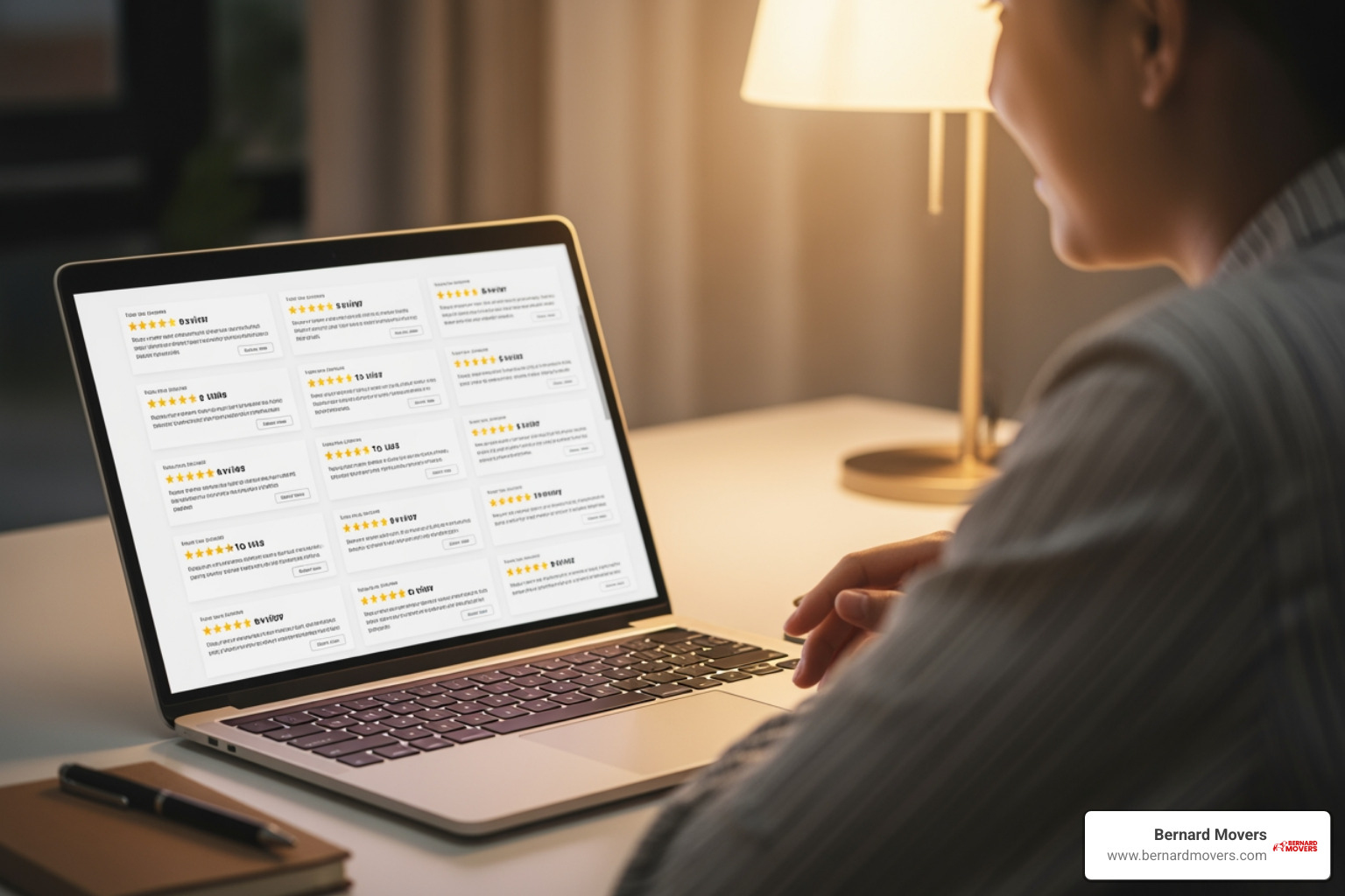 person reading Bernard Movers reviews on a laptop - moving companies affordable person reading Bernard Movers reviews on a laptop - moving companies affordable