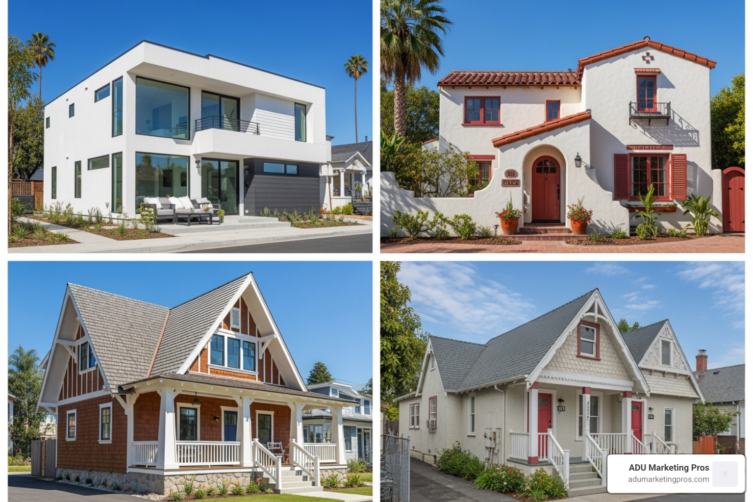 collage showcasing different ADU styles (Modern, Spanish, Craftsman, Cottage) available in Los Angeles - ADU plans Los Angeles