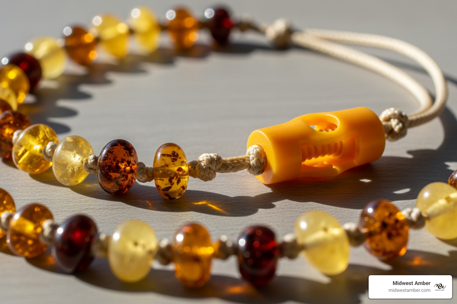 safety features of an amber necklace, like knotted beads and a screw clasp - amber teething necklace and anklet set