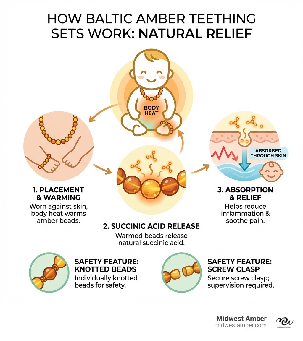 infographic showing how Baltic amber teething sets work: baby wears necklace or anklet against skin, body heat warms amber beads releasing succinic acid, natural compounds absorb through skin to help reduce inflammation and pain, includes visual of proper placement and safety features like knotted beads and screw clasp - amber teething necklace and anklet set infographic 