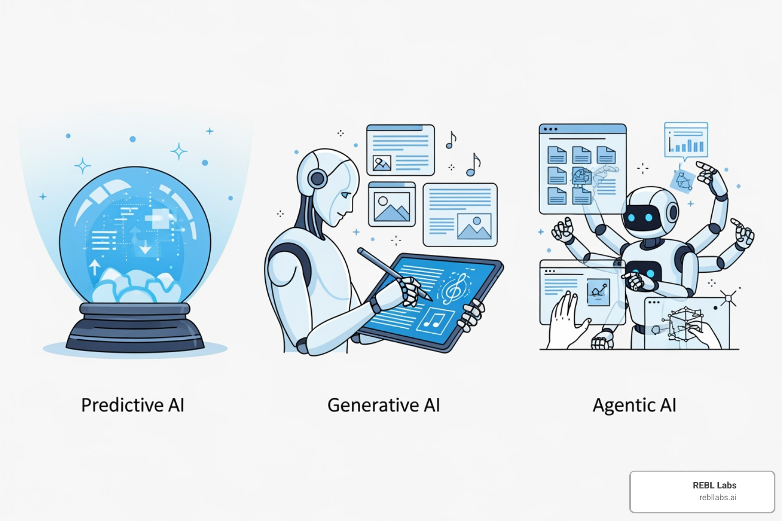 Illustration of three types of AI: Predictive AI (crystal ball), Generative AI (robot writing content), Agentic AI (robot assistant) - B2B sales AI