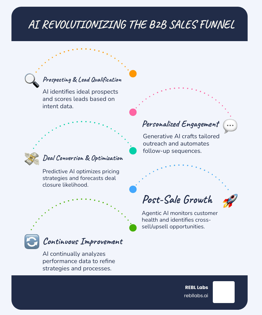 Infographic showing the B2B sales funnel with AI applications at each stage: Top of funnel - AI-powered prospecting and lead scoring identify ideal prospects; Middle of funnel - Generative AI personalizes outreach and automates follow-ups; Bottom of funnel - Predictive AI optimizes pricing and forecasts deal closure; Post-sale - Agentic AI monitors customer health and identifies upsell opportunities - B2B sales AI infographic infographic-line-5-steps-blues-accent_colors