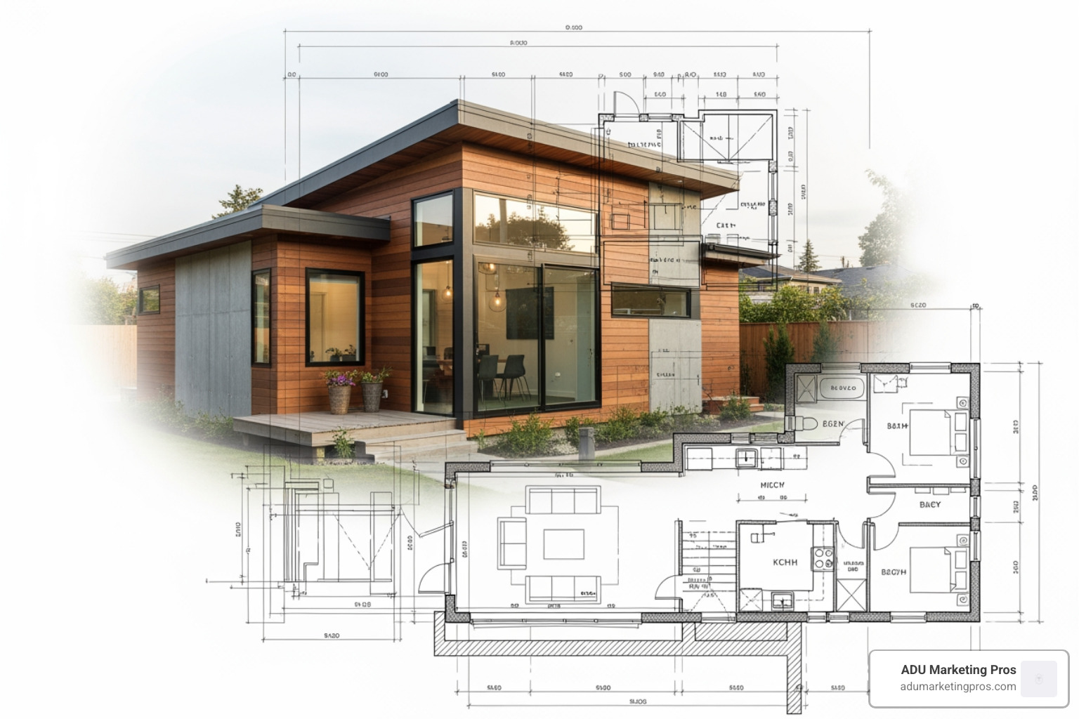blueprint overlaying a photo of a finished ADU - ADU plans Los Angeles