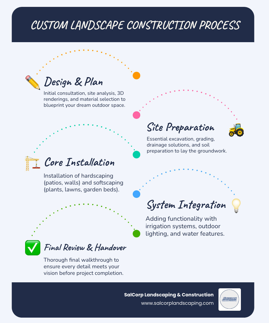 Infographic showing the custom landscape construction process: 1) Initial Consultation and Site Analysis, 2) Design Development with 3D Renderings, 3) Material Selection and Budget Planning, 4) Site Preparation and Excavation, 5) Hardscape Installation (patios, walls, walkways), 6) Softscape Installation (plants, lawns, gardens), 7) Systems Installation (lighting, irrigation), 8) Final Walkthrough and Project Completion - custom landscape construction infographic infographic-line-5-steps-blues-accent_colors
