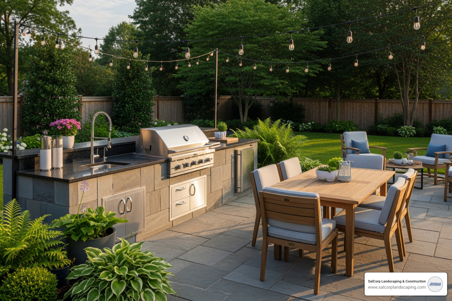 Outdoor kitchen with grill and seating area - custom landscape construction
