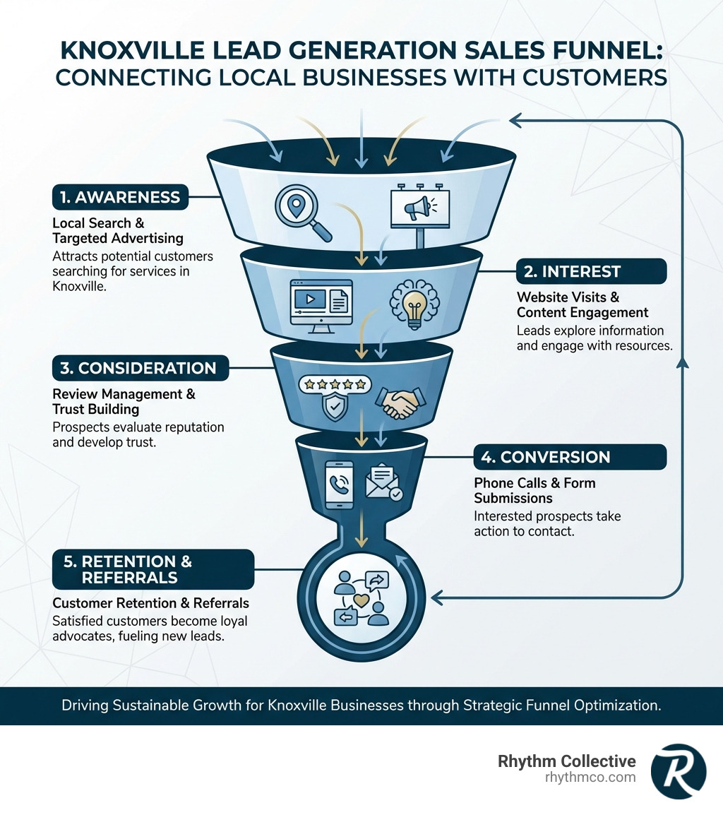 Infographic showing the lead generation sales funnel for Knoxville businesses, starting with awareness through local search and advertising, moving to interest via website visits and content engagement, then consideration through review management and trust building, followed by conversion with phone calls and form submissions, and ending with customer retention and referrals - lead generation Knoxville infographic Infographic showing the lead generation sales funnel for Knoxville businesses, starting with awareness through local search and advertising, moving to interest via website visits and content engagement, then consideration through review management and trust building, followed by conversion with phone calls and form submissions, and ending with customer retention and referrals - lead generation Knoxville infographic