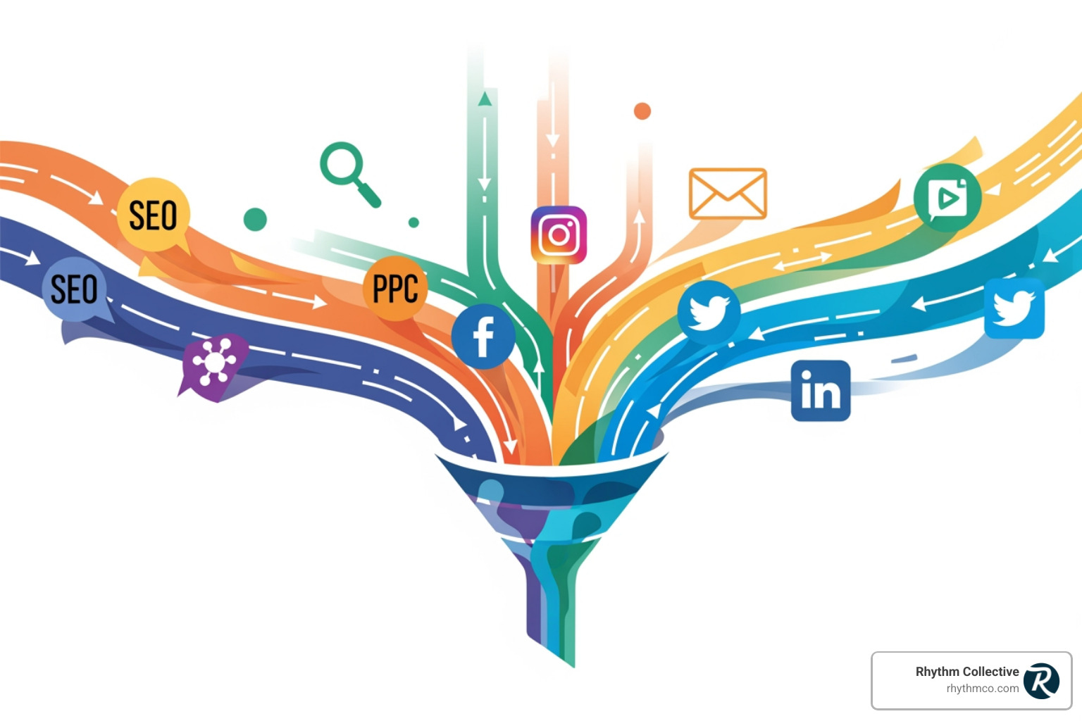 Image illustrating various digital marketing channels like SEO, PPC, Social Media, and Email Marketing, all pointing towards a central 'Leads' funnel - lead generation Knoxville Image illustrating various digital marketing channels like SEO, PPC, Social Media, and Email Marketing, all pointing towards a central 'Leads' funnel - lead generation Knoxville
