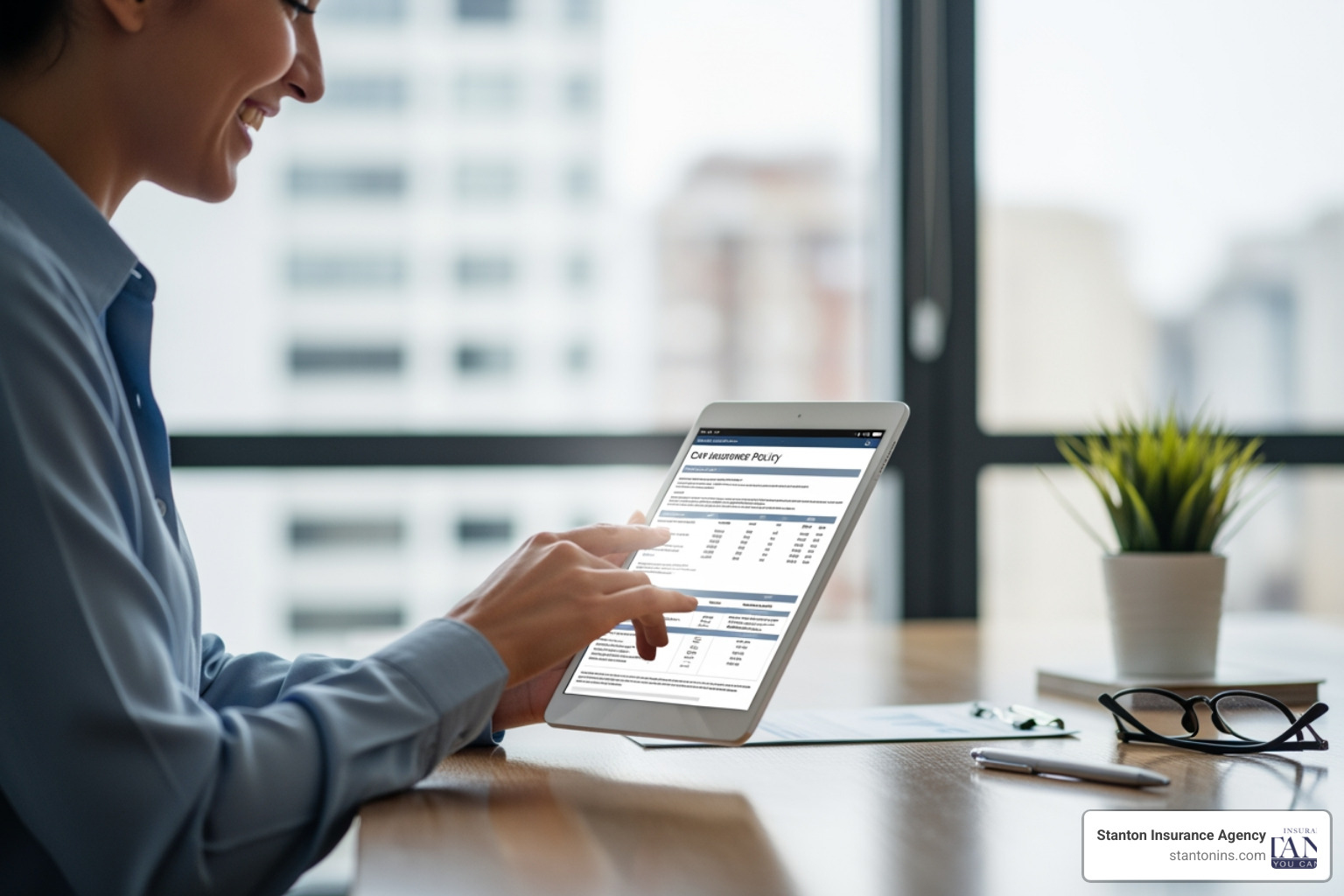 person smiling reviewing insurance documents on a tablet - best car insurance companies in ma person smiling reviewing insurance documents on a tablet - best car insurance companies in ma