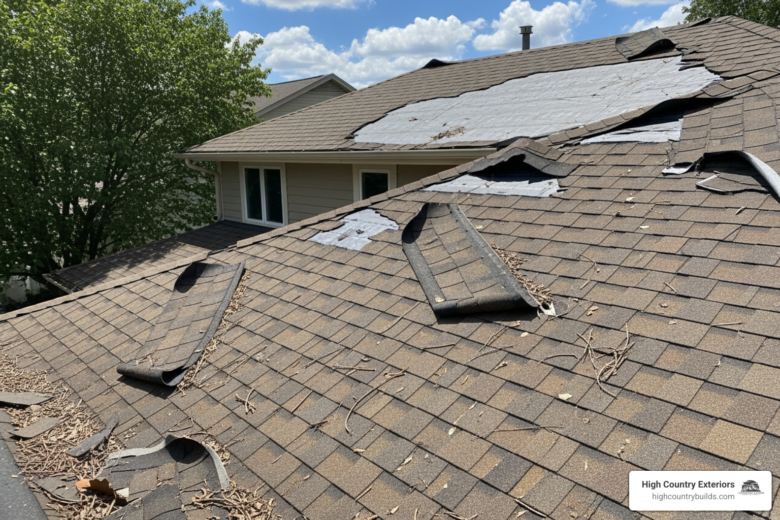 Image of curling and missing shingles on a roof - Roof replacement Idaho