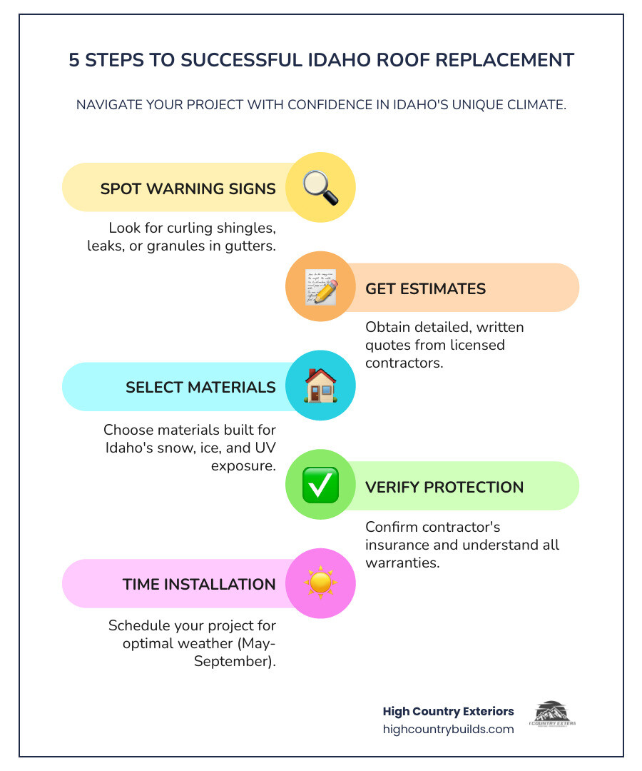 Infographic showing the 5 key steps to successful Idaho roof replacement: 1) Identify warning signs like curling shingles or leaks, 2) Get multiple written estimates from licensed contractors, 3) Choose materials suited to Idaho's climate (snow loads, UV resistance), 4) Verify insurance and warranties, 5) Schedule installation during optimal weather (May-September) - Roof replacement Idaho infographic infographic-line-5-steps-colors