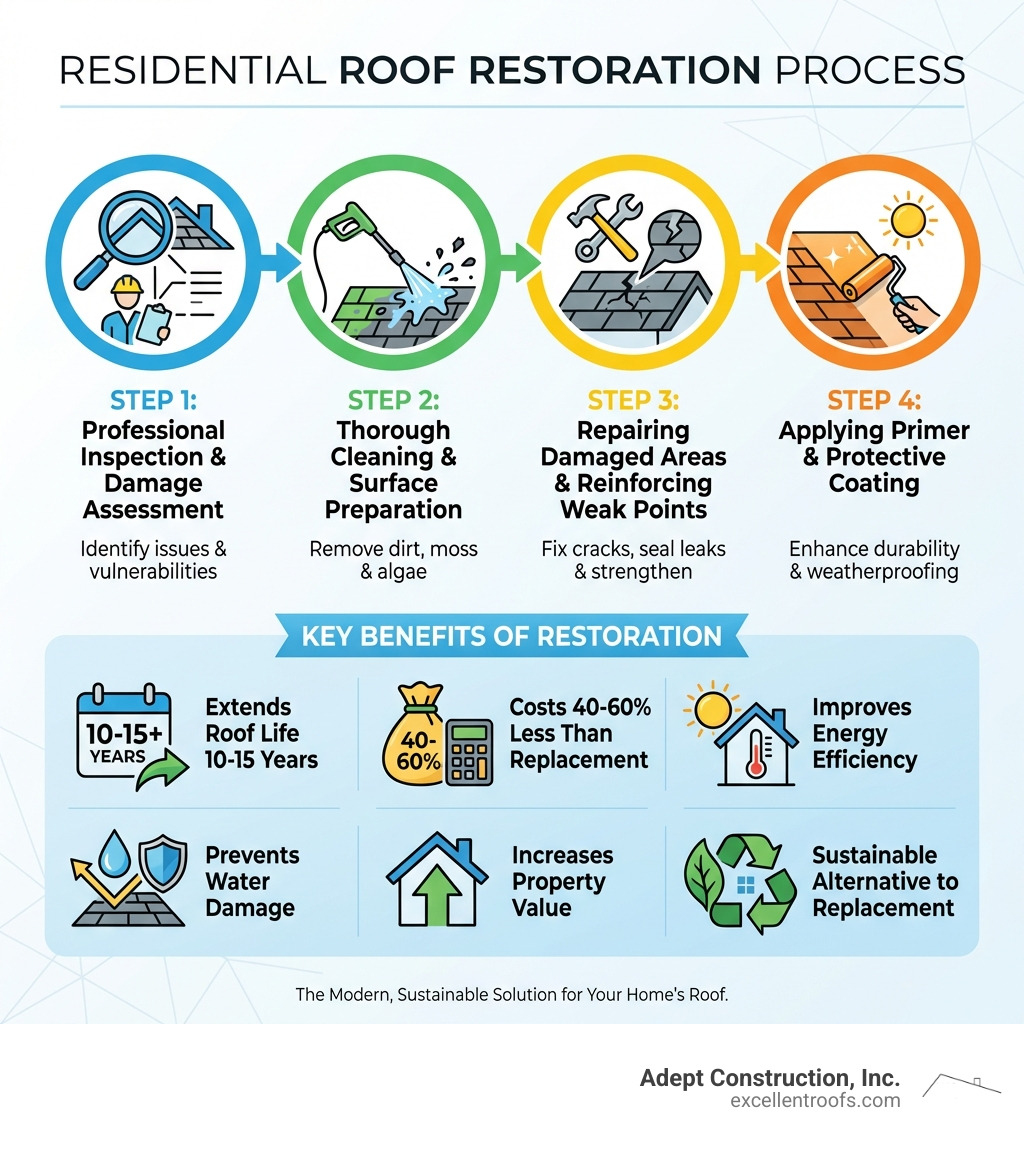 Infographic showing the residential roof restoration process: Step 1 - Professional inspection and damage assessment, Step 2 - Thorough cleaning and surface preparation, Step 3 - Repairing damaged areas and reinforcing weak points, Step 4 - Applying primer and protective coating. Benefits highlighted: extends roof life 10-15 years, costs 40-60% less than replacement, improves energy efficiency, prevents water damage, increases property value, sustainable alternative to replacement. - residential roof restoration infographic 
