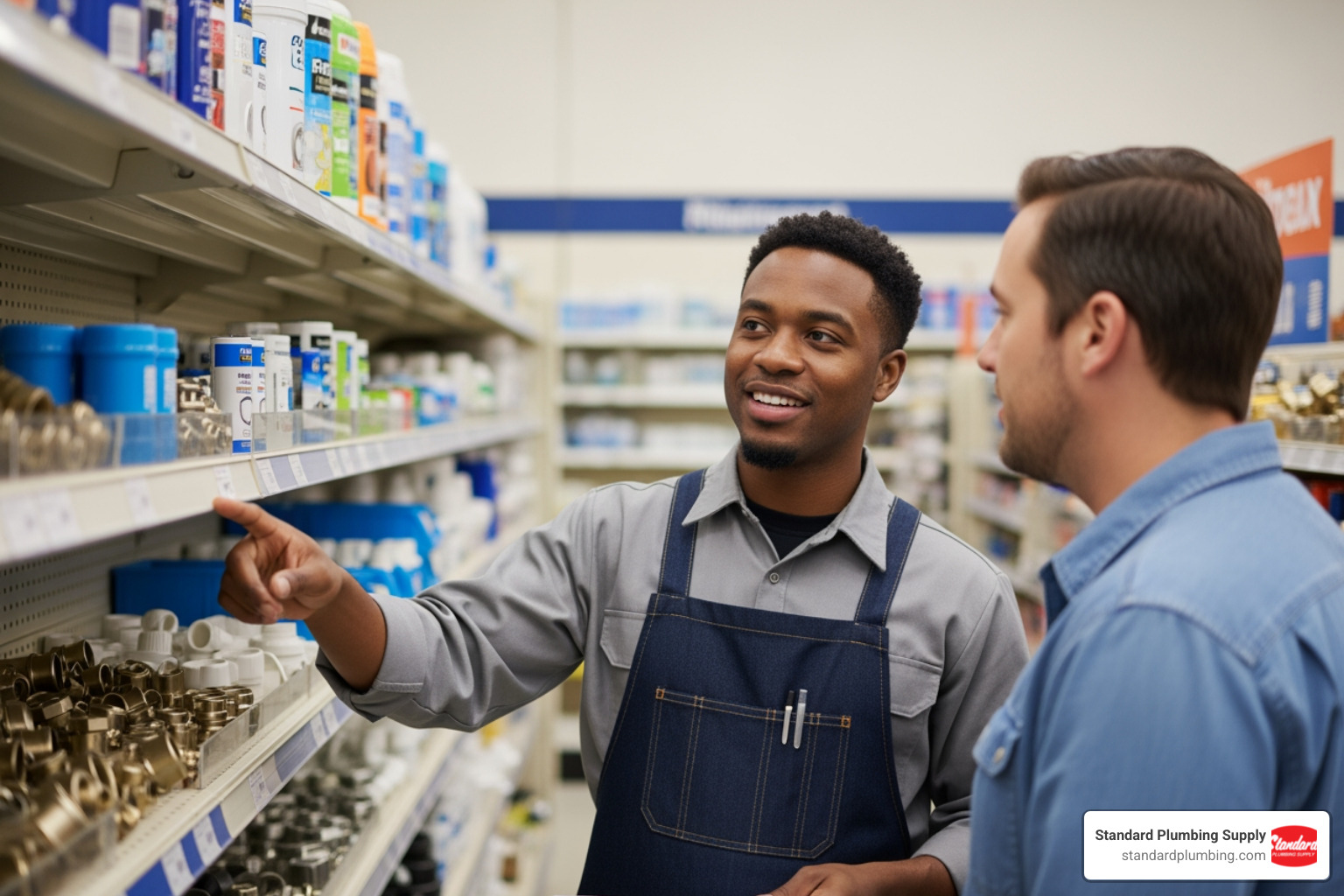 friendly local store employee assisting a customer - local plumbing supplies
