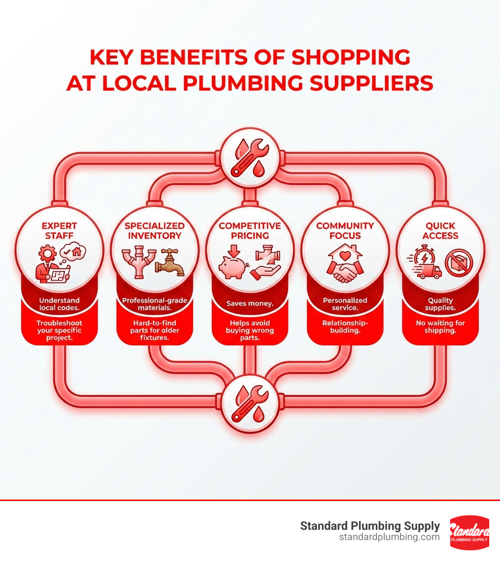 Infographic showing the key benefits of shopping at local plumbing suppliers: Expert staff who understand local codes and can troubleshoot your specific project; Specialized inventory including professional-grade materials and hard-to-find parts for older fixtures; Competitive pricing that saves money by helping you avoid buying wrong parts; Community focus with personalized service and relationship-building; Quick access to quality supplies without waiting for shipping - local plumbing supplies infographic 