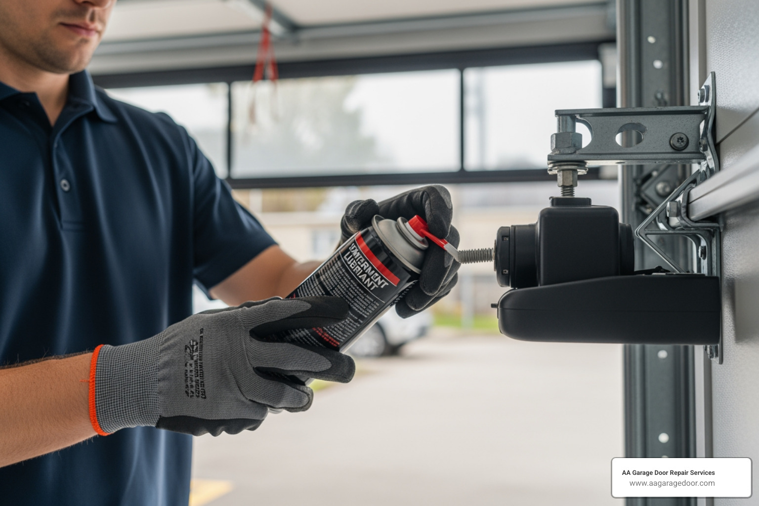 A garage door technician wearing safety glasses and gloves, preparing to lubricate garage door components. - garage door maintenance lubrication A garage door technician wearing safety glasses and gloves, preparing to lubricate garage door components. - garage door maintenance lubrication