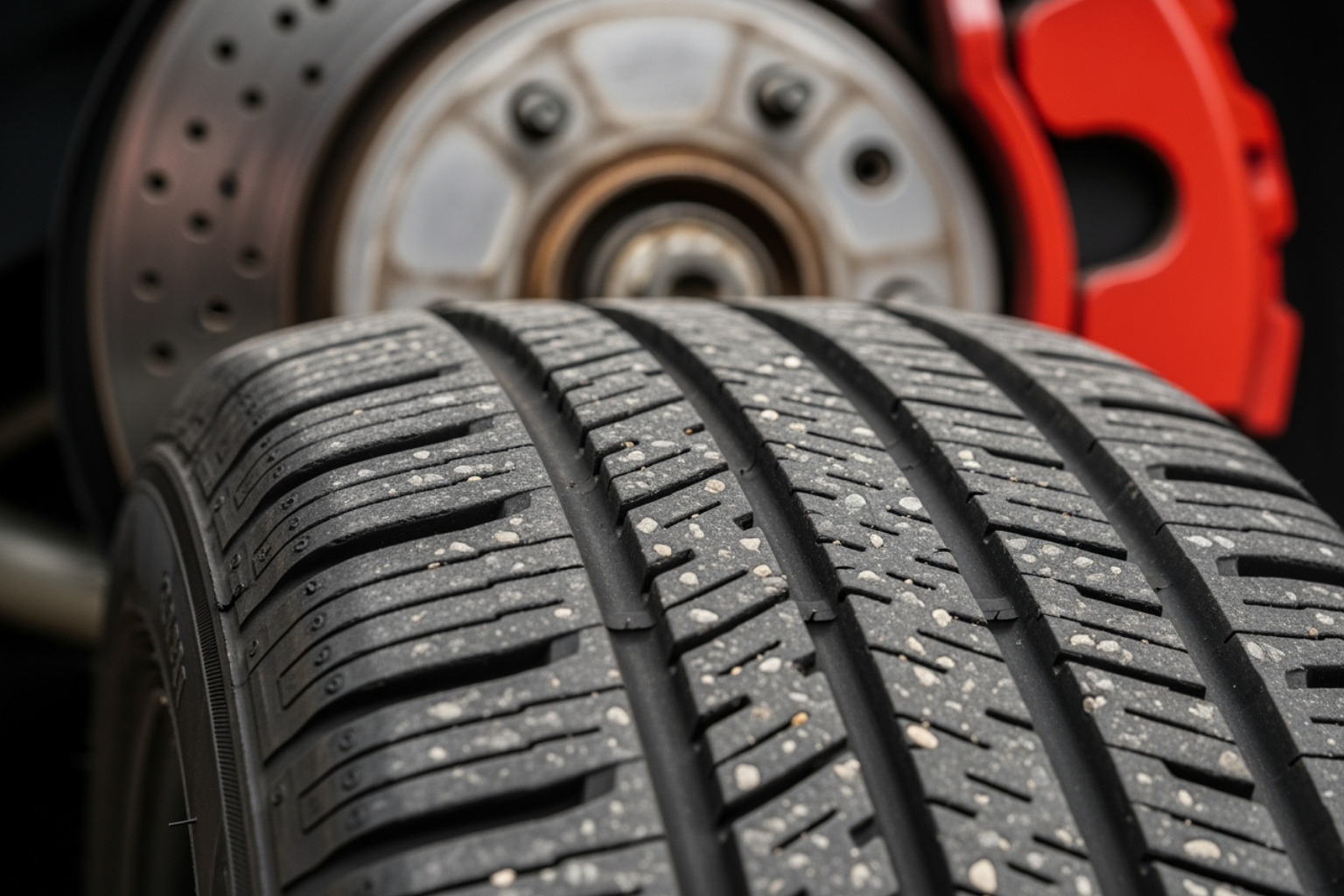 close-up on a tire tread and a brake rotor - family road trip car repair