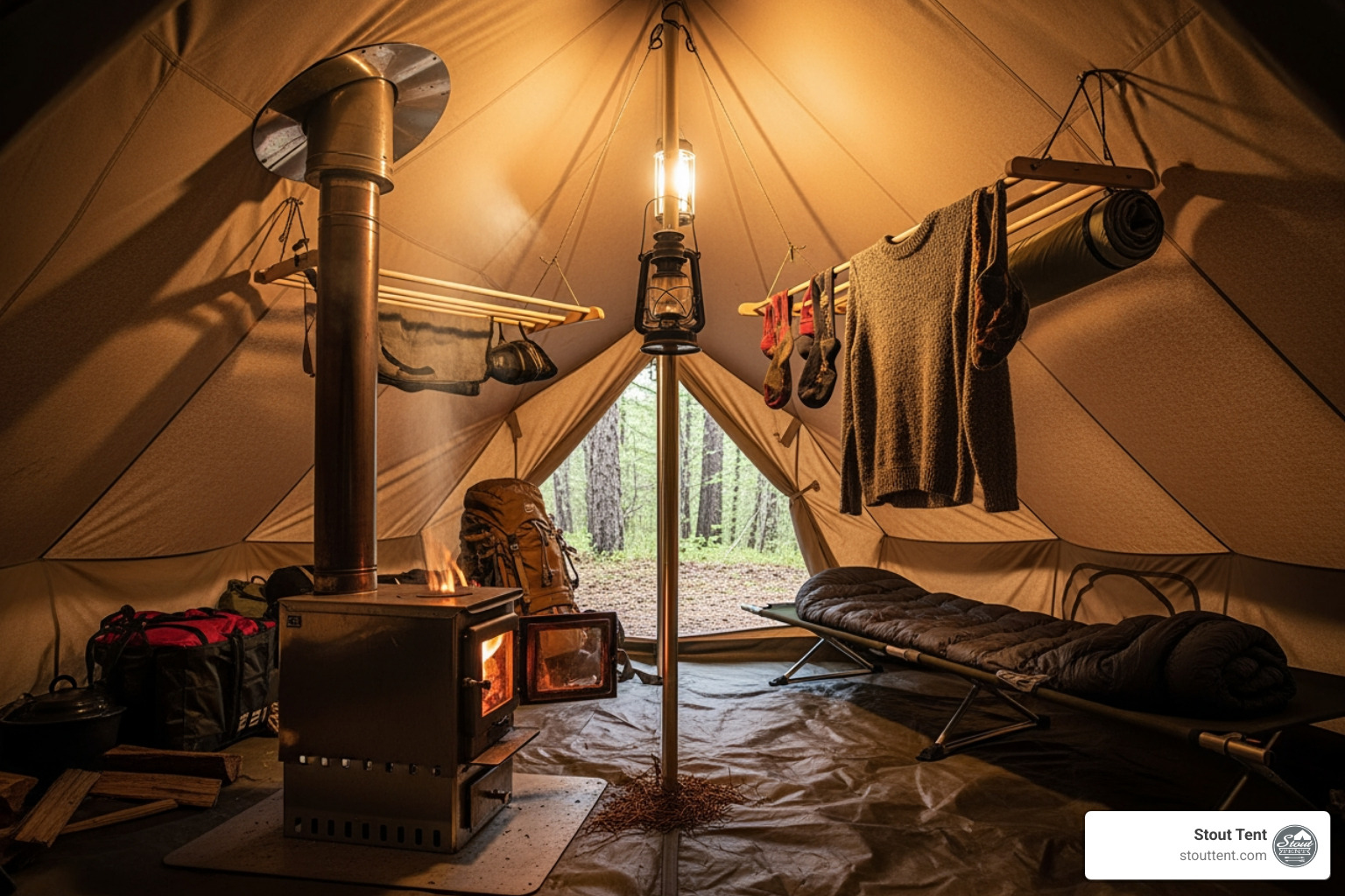 gear drying on a rack inside a tent near a stove - tent with chimney hole gear drying on a rack inside a tent near a stove - tent with chimney hole