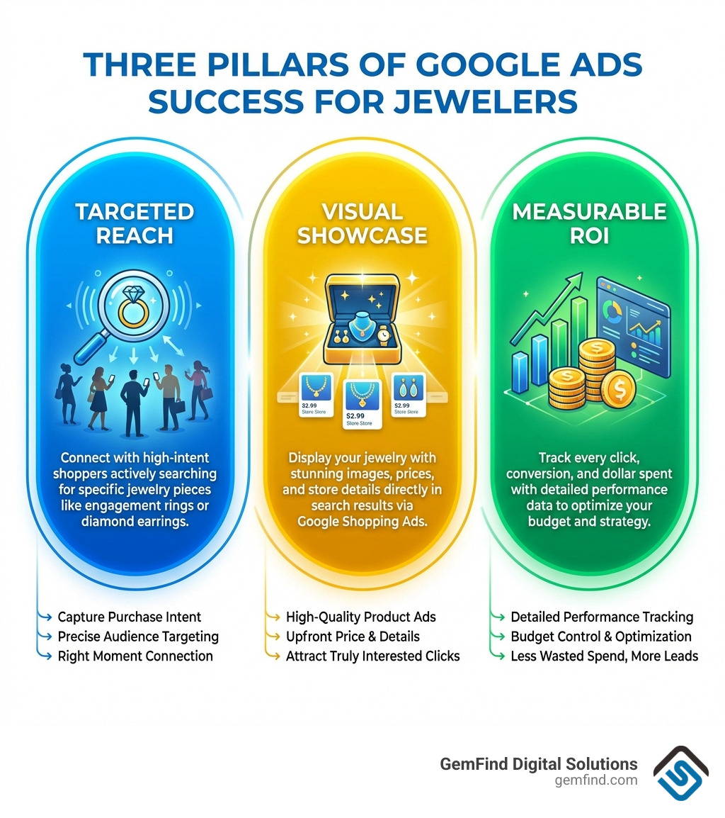 Infographic showing three pillars of Google Ads success for jewelers: Targeted Reach, Visual Showcase, Measurable ROI - Google Ads jewelry infographic 