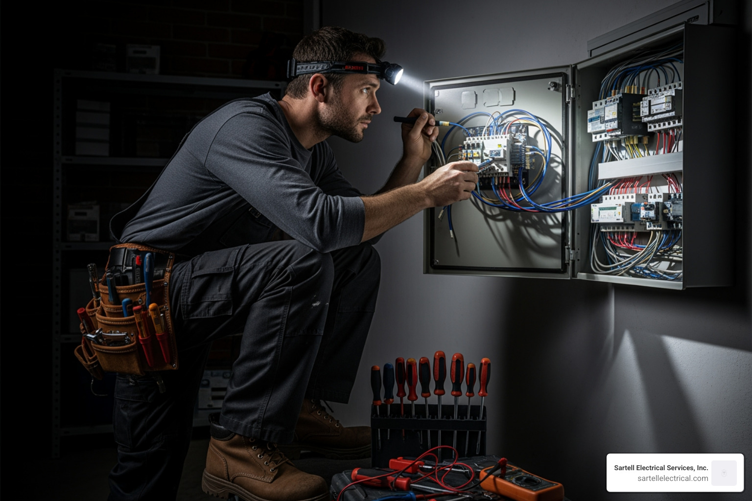 Electrician working on an electrical panel at night - Emergency electrician Boston MA