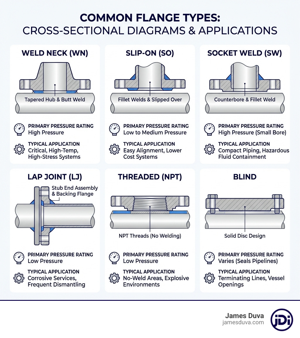 infographic showing six common flange types with cross-sectional diagrams: Weld Neck with tapered hub and butt weld, Slip-On with fillet welds, Socket Weld with counterbore, Lap Joint with stub end assembly, Threaded with NPT threads, and Blind with solid disc design, each labeled with primary pressure rating and typical application - flange types infographic infographic showing six common flange types with cross-sectional diagrams: Weld Neck with tapered hub and butt weld, Slip-On with fillet welds, Socket Weld with counterbore, Lap Joint with stub end assembly, Threaded with NPT threads, and Blind with solid disc design, each labeled with primary pressure rating and typical application - flange types infographic