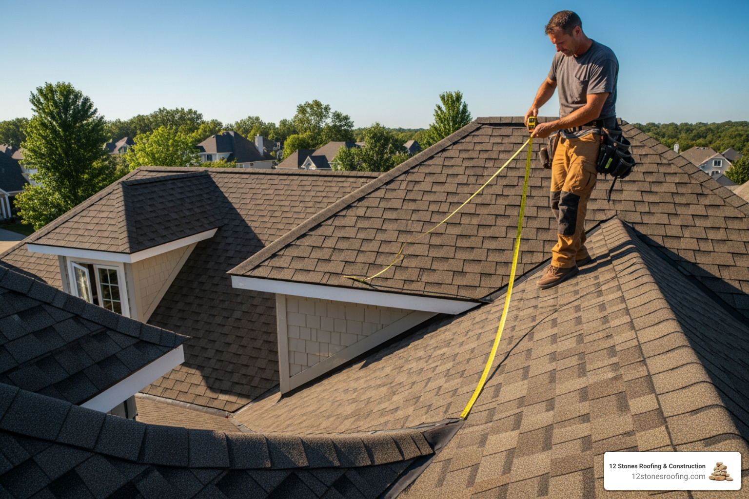 roofer measuring complex roof - cost to reroof a home