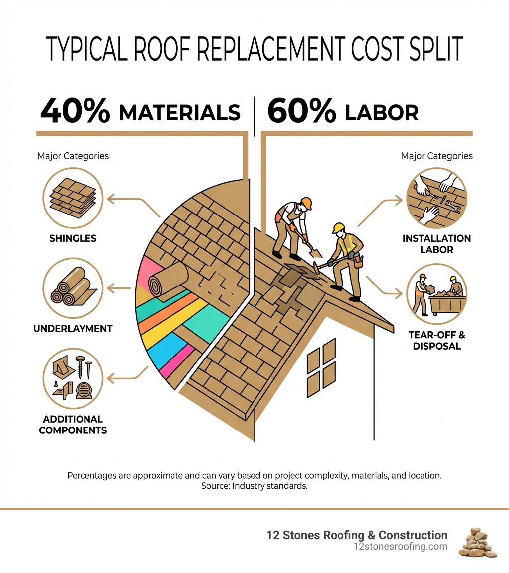 Infographic showing the 40% materials versus 60% labor cost split in a typical roof replacement project, with visual breakdown of major cost categories including shingles, underlayment, tear-off, installation labor, and additional components - cost to reroof a home infographic 