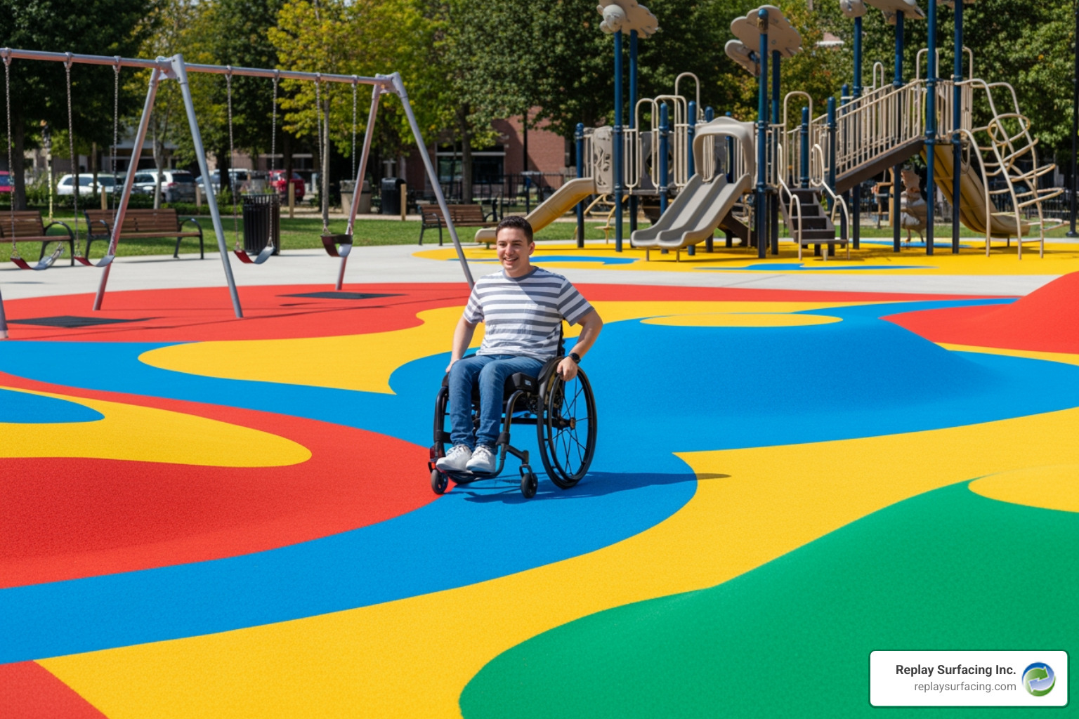 Wheelchair user easily navigating a PIP rubber playground surface in Charlotte, NC - pip rubber surfacing