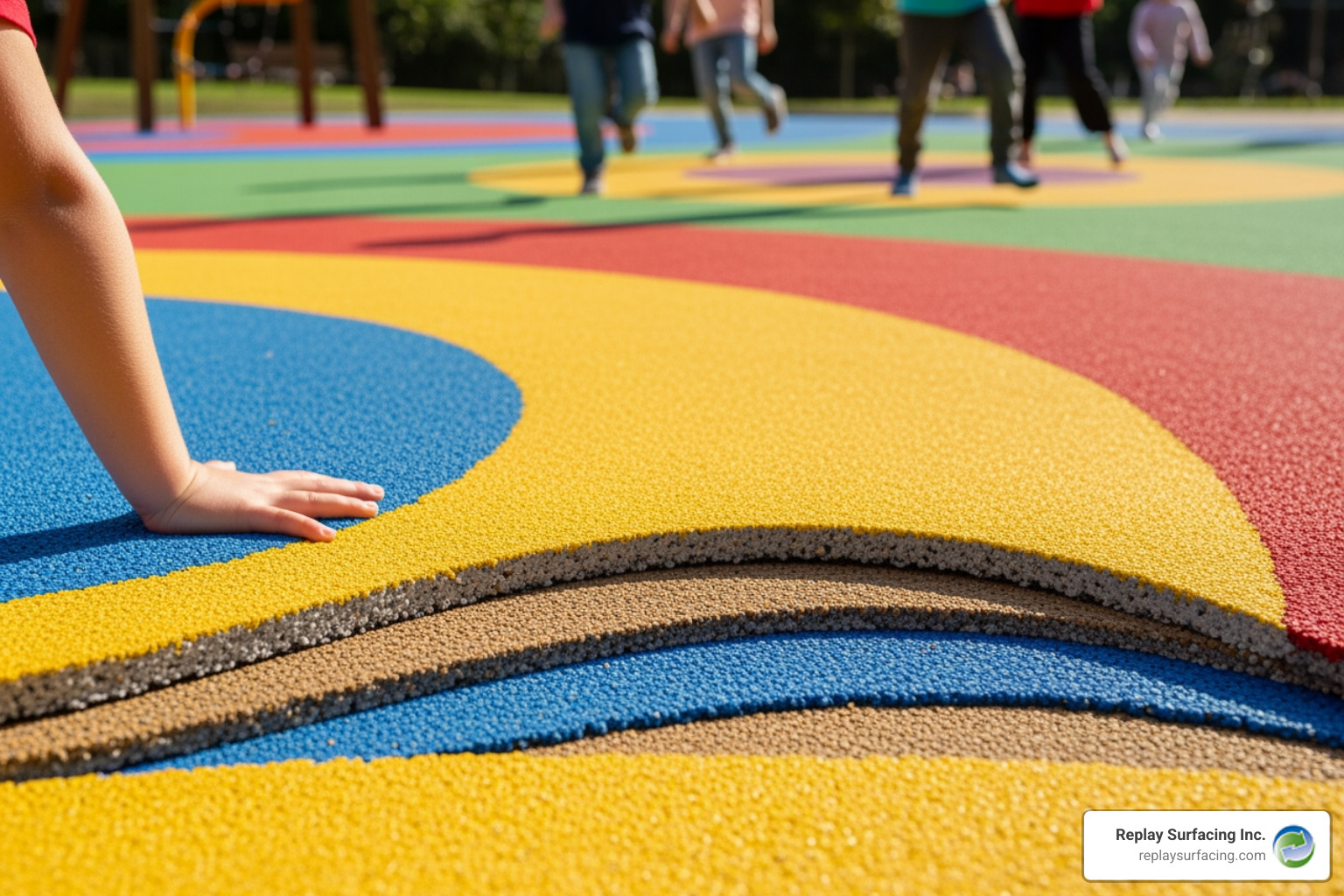 Cross-section of Replay Surfacing Inc.'s PIP rubber showing SBR cushion base and EPDM wear layer - pip rubber surfacing