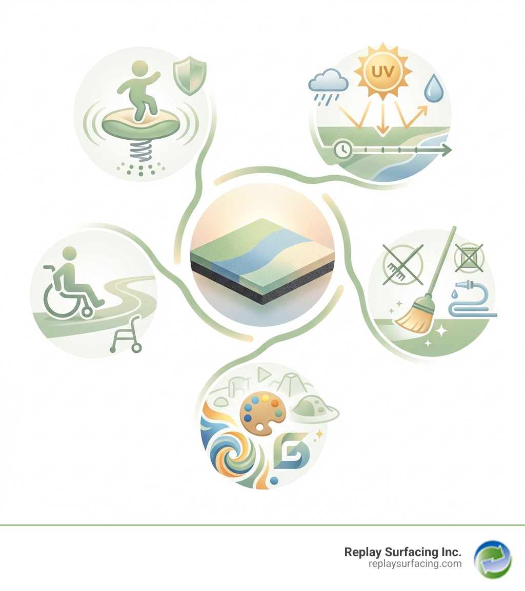 Infographic showing the top 5 benefits of PIP rubber surfacing: 1. Safety - meets ASTM fall height standards and provides consistent impact protection; 2. Durability - lasts 8-10+ years with UV and weather resistance; 3. Accessibility - seamless ADA-compliant surface for wheelchairs and mobility aids; 4. Low Maintenance - requires only sweeping and occasional power washing, no raking or refilling; 5. Design Freedom - unlimited color options, custom logos, patterns, and 3D play elements - pip rubber surfacing infographic 
