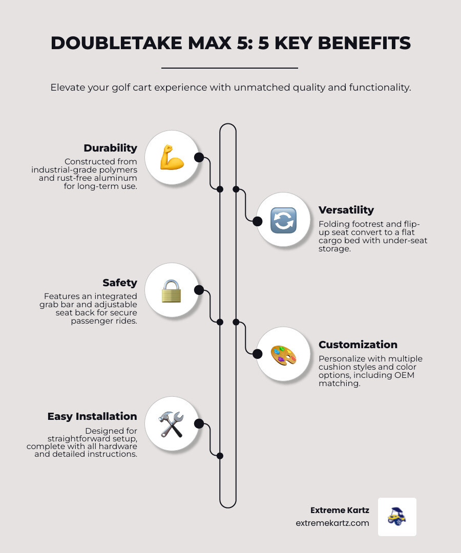 Infographic showing Max 5 key benefits: constructed from rust-free aluminum and industrial polymers for durability, folding footrest and flip-up seat for versatility, integrated grab bar and adjustable seat back for safety, multiple cushion styles and color options for customization, and includes hardware and instructions for easy installation - Double Take Max 5 Rear Seat Kit infographic infographic-line-5-steps-elegant_beige