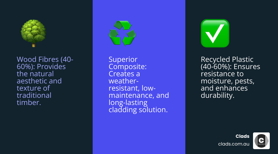 Infographic showing WPC composition: wood fibres (40-60%) plus recycled plastic polymers (40-60%) combining under heat and pressure to create a durable, weather-resistant cladding board with a realistic timber appearance and superior longevity - WPC cladding Adelaide infographic 3_facts_emoji_blue