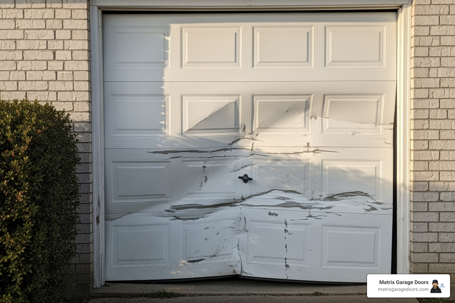 person safely standing away from a broken garage door, on the phone - columbus emergency garage door repair