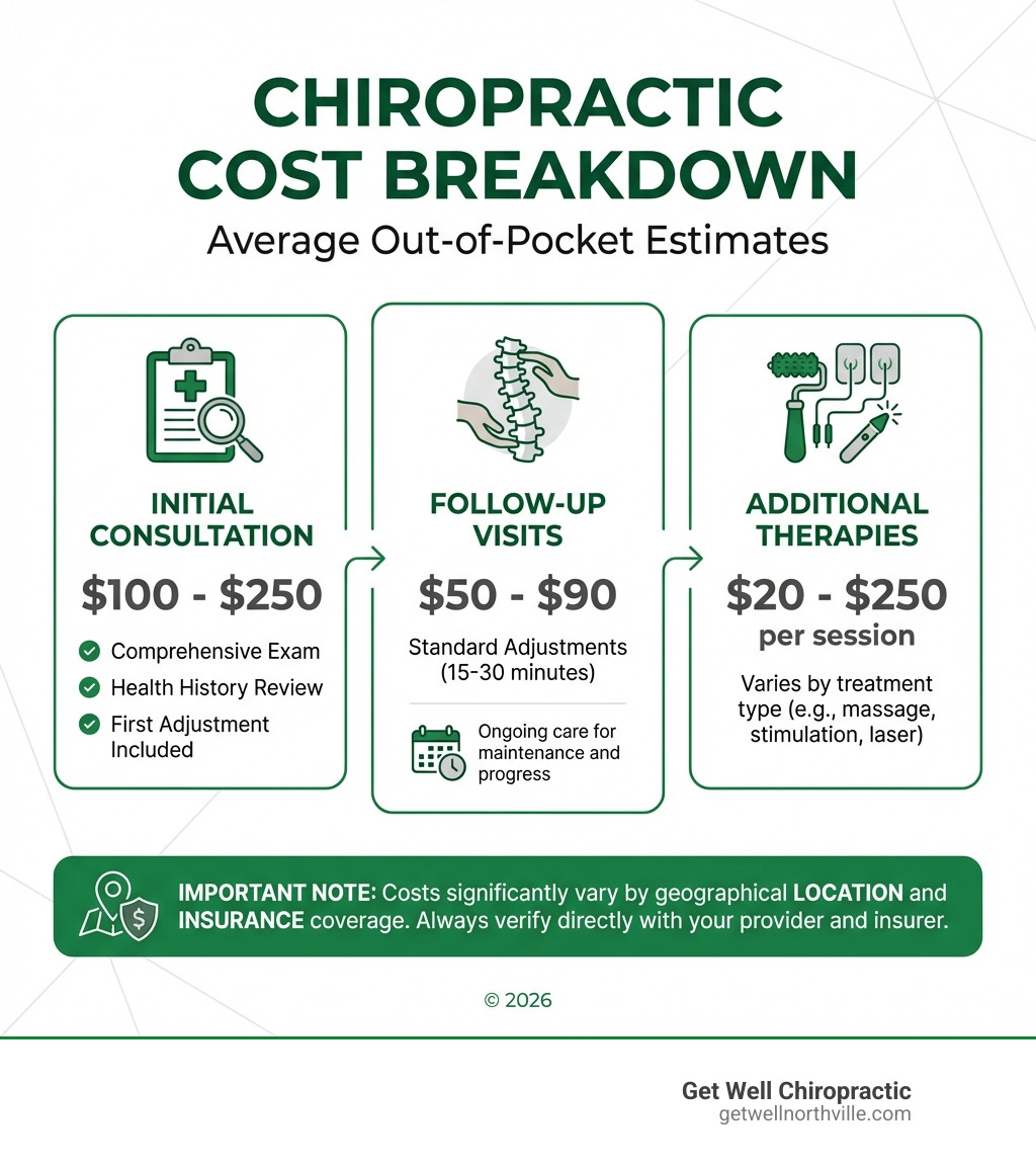 infographic showing breakdown of average chiropractic costs: initial consultation $100-$250 including comprehensive exam and health history review and first adjustment, follow-up visits $50-$90 for standard adjustments lasting 15-30 minutes, additional therapies ranging from $20-$250 per session, with note that costs vary by location and insurance coverage - are chiropractors expensive infographic 