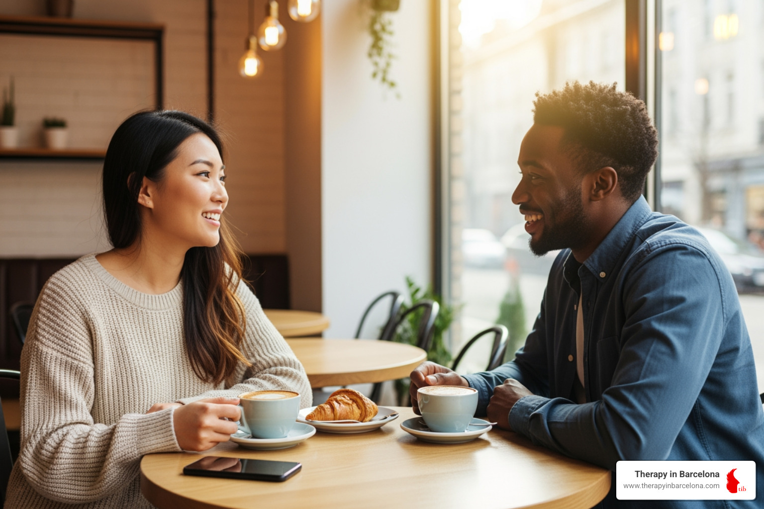 Two friends from different backgrounds sharing coffee and smiling, reflecting connection and understanding - expat support services Two friends from different backgrounds sharing coffee and smiling, reflecting connection and understanding - expat support services