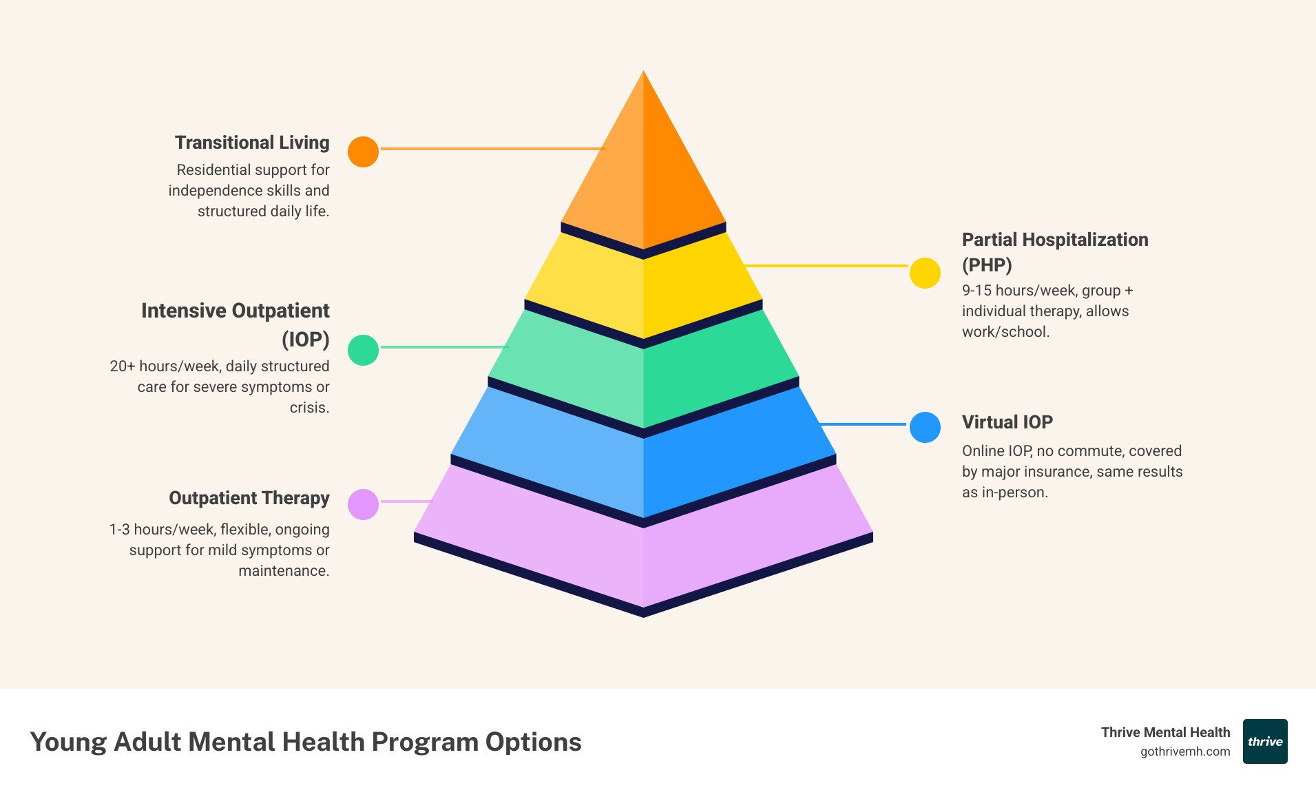 Young adult mental health program options breakdown - young adult mental health programs infographic pyramid-hierarchy-5-steps