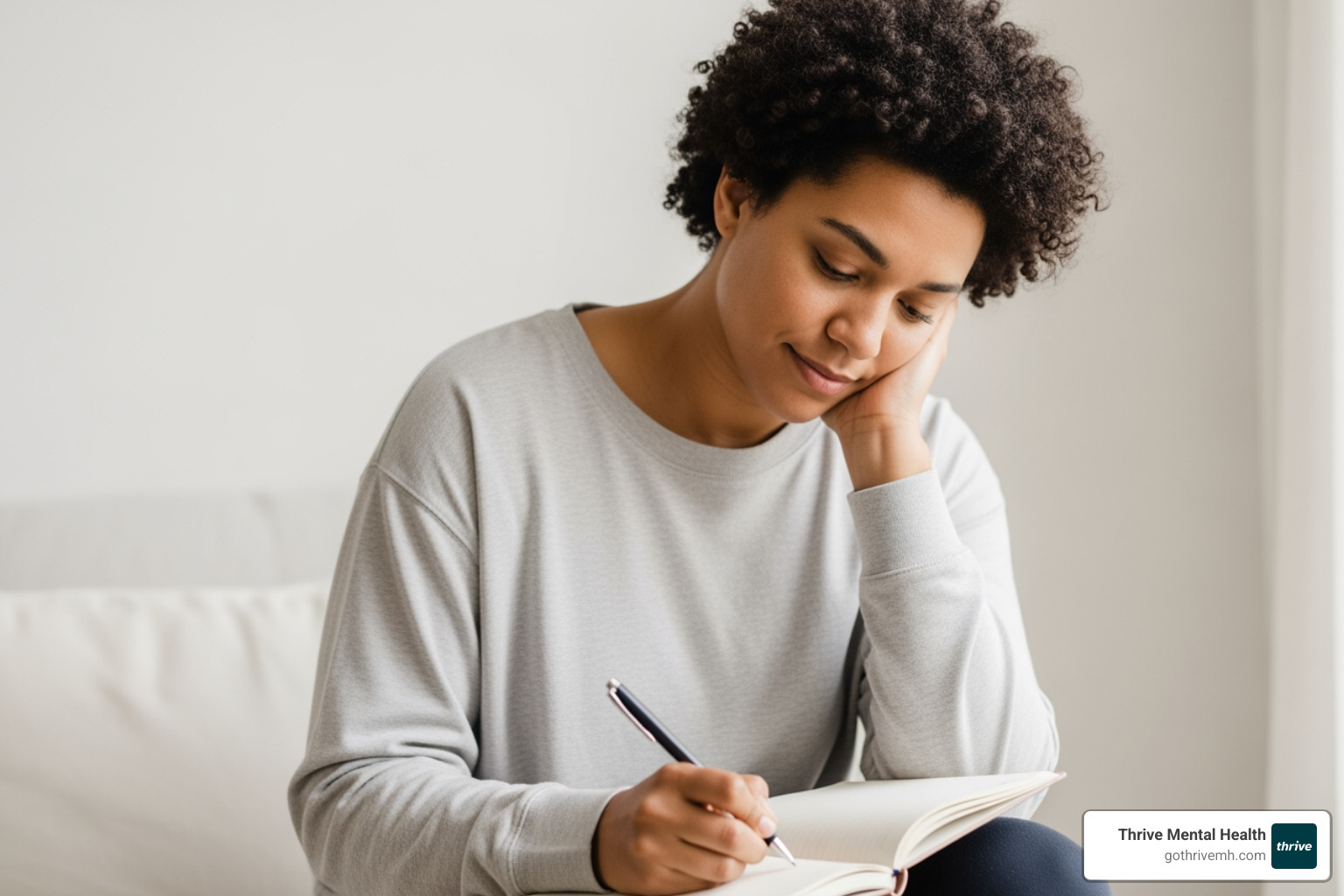 A person journaling with a calm expression, symbolizing self-reflection and emotional processing. - how to deal with trauma