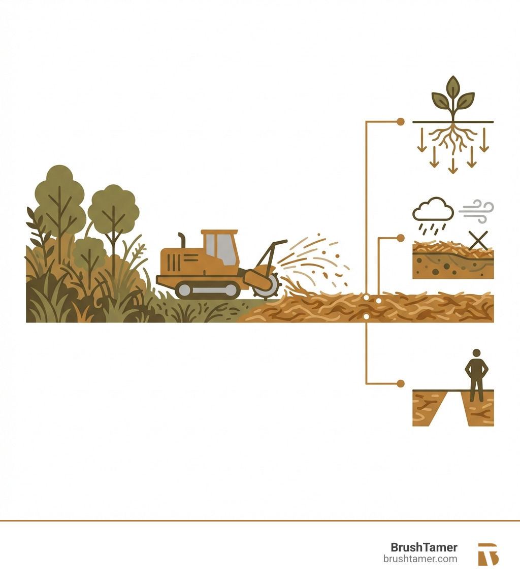 infographic showing the mechanical mulching process from overgrown property to cleared land with protective mulch layer, including benefits like soil enrichment, erosion control, and immediate usability - mechanical mulching in Southern Michigan infographic infographic showing the mechanical mulching process from overgrown property to cleared land with protective mulch layer, including benefits like soil enrichment, erosion control, and immediate usability - mechanical mulching in Southern Michigan infographic