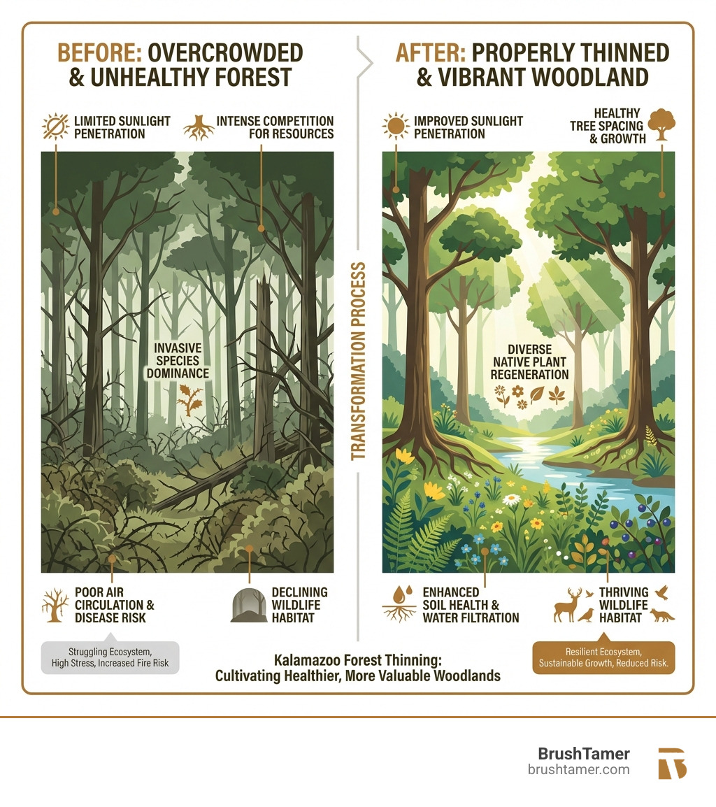 infographic showing the transformation from an overcrowded, unhealthy forest with competing trees and invasive undergrowth to a properly thinned, vibrant woodland with healthy spacing, diverse native plants, improved sunlight penetration, and thriving wildlife habitat - forest thinning in Kalamazoo infographic 