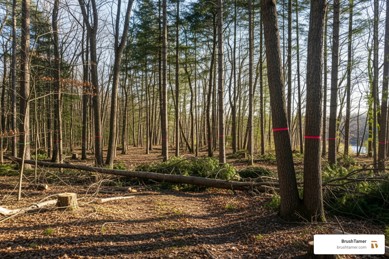 BrushTamer forester marking trees for selective removal in a Michigan hardwood stand - forest thinning in Kalamazoo