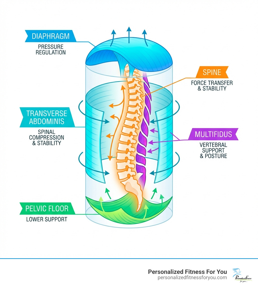 infographic showing the cylinder of core muscles surrounding the spine, including the diaphragm at the top, pelvic floor at the bottom, transverse abdominis wrapping around the sides, and multifidus along the back of the spine, with labels indicating their role in spinal stability and force transfer - improve core stability infographic infographic showing the cylinder of core muscles surrounding the spine, including the diaphragm at the top, pelvic floor at the bottom, transverse abdominis wrapping around the sides, and multifidus along the back of the spine, with labels indicating their role in spinal stability and force transfer - improve core stability infographic