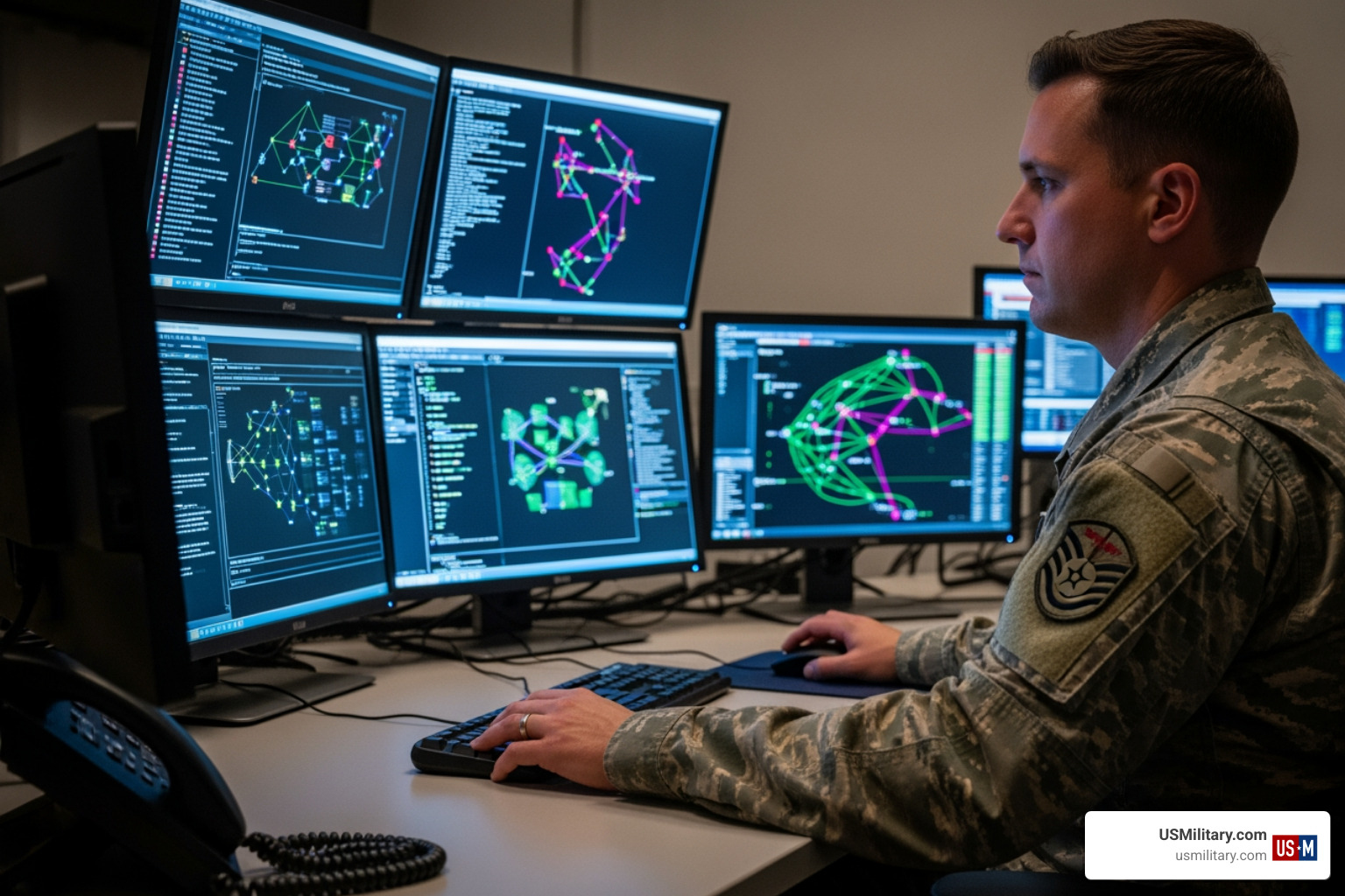 Air Force Cyber Warfare Operator at a computer terminal with multiple screens of code - safest military jobs in 2026