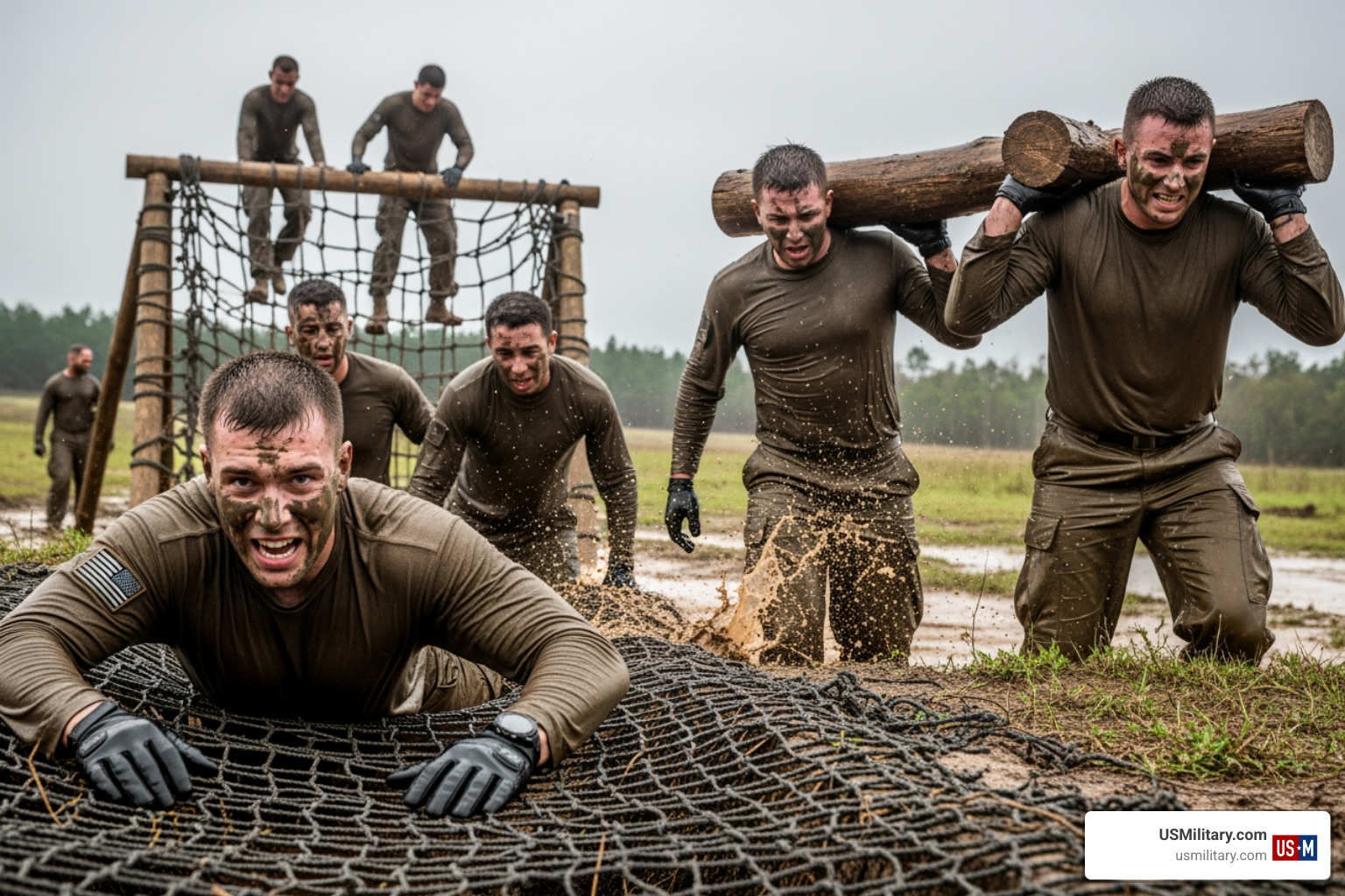 Recruits during a grueling training exercise - green beret vs navy seal