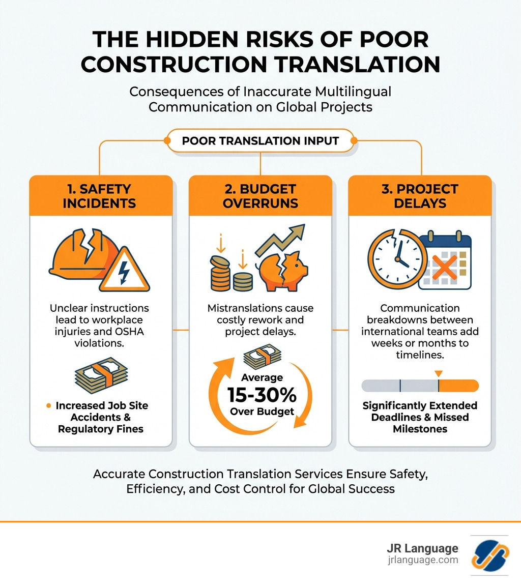 Infographic showing three main risks of poor construction translation: 1) Safety Incidents - unclear instructions lead to workplace injuries and OSHA violations, 2) Budget Overruns - mistranslations cause costly rework and project delays averaging 15-30% over budget, 3) Project Delays - communication breakdowns between international teams add weeks or months to timelines - construction translation services infographic Infographic showing three main risks of poor construction translation: 1) Safety Incidents - unclear instructions lead to workplace injuries and OSHA violations, 2) Budget Overruns - mistranslations cause costly rework and project delays averaging 15-30% over budget, 3) Project Delays - communication breakdowns between international teams add weeks or months to timelines - construction translation services infographic