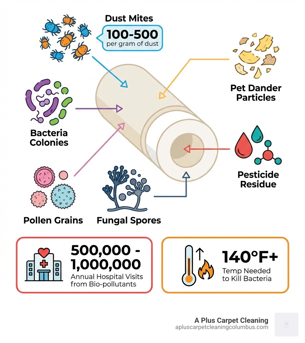 infographic showing common carpet contaminants including dust mites at 100-500 per gram of dust, bacteria colonies, pet dander particles, pesticide residue, pollen grains, and fungal spores, with statistics showing 500000-1000000 annual hospital visits from bio-pollutants and the 140 degree fahrenheit temperature needed to kill bacteria - carpet cleaning Grove City infographic infographic showing common carpet contaminants including dust mites at 100-500 per gram of dust, bacteria colonies, pet dander particles, pesticide residue, pollen grains, and fungal spores, with statistics showing 500000-1000000 annual hospital visits from bio-pollutants and the 140 degree fahrenheit temperature needed to kill bacteria - carpet cleaning Grove City infographic
