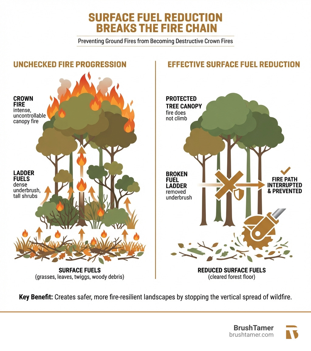 Infographic showing the progression from ground-level surface fuels through ladder fuels to crown fire, with labels indicating how surface fuel reduction breaks this chain and prevents fire from climbing into tree canopies - surface fuel reduction infographic 