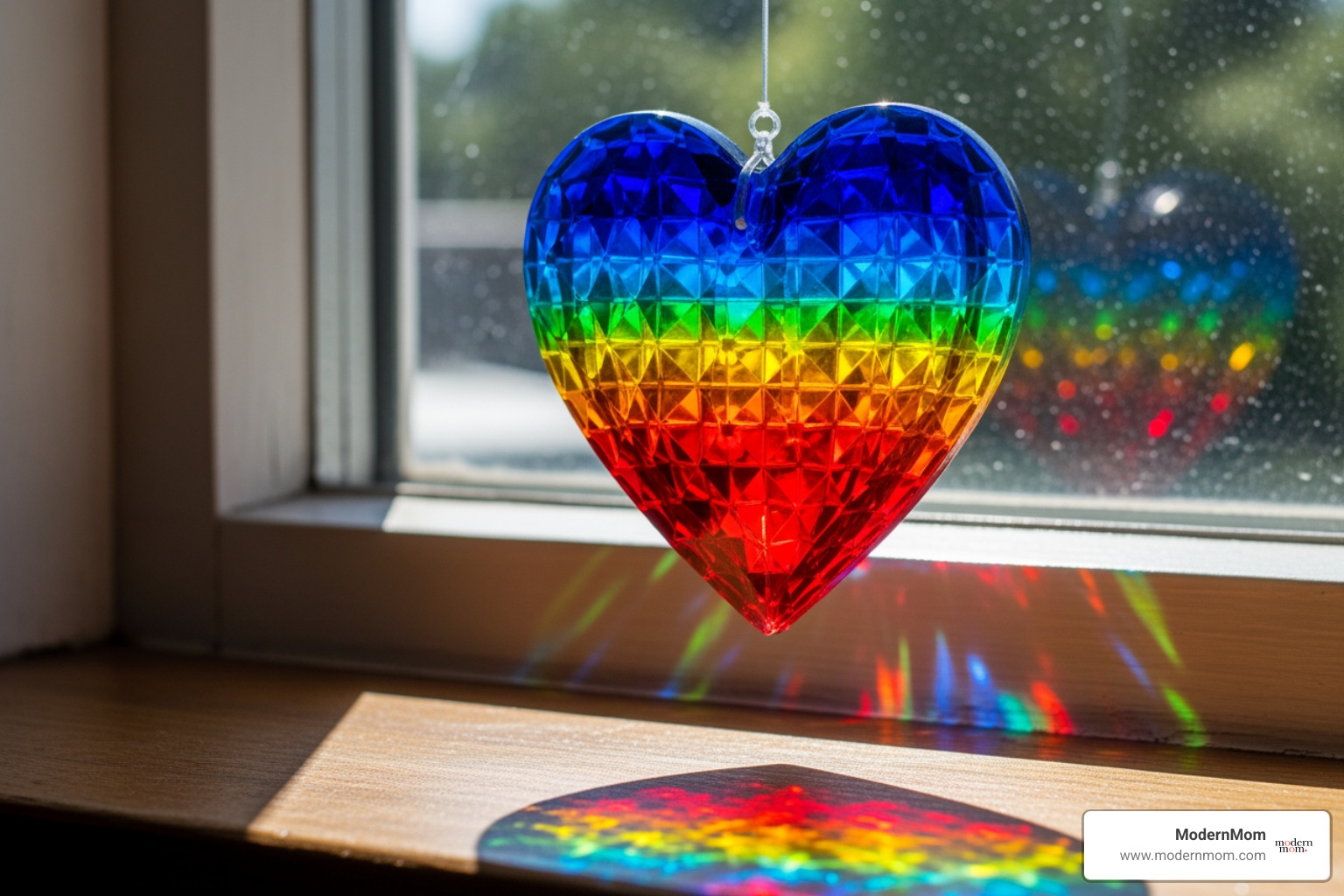 vibrant heart-shaped suncatcher in a sunny window - DIY Valentines