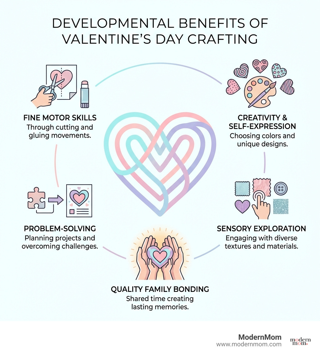 Infographic showing developmental benefits of Valentine's Day crafting for children including fine motor skills development through cutting and gluing, creativity and self-expression through choosing colors and designs, problem-solving skills when planning craft projects, sensory exploration with different textures and materials, and quality family bonding time - Easy Valentine's Day Crafts the Whole Family Will Love infographic 