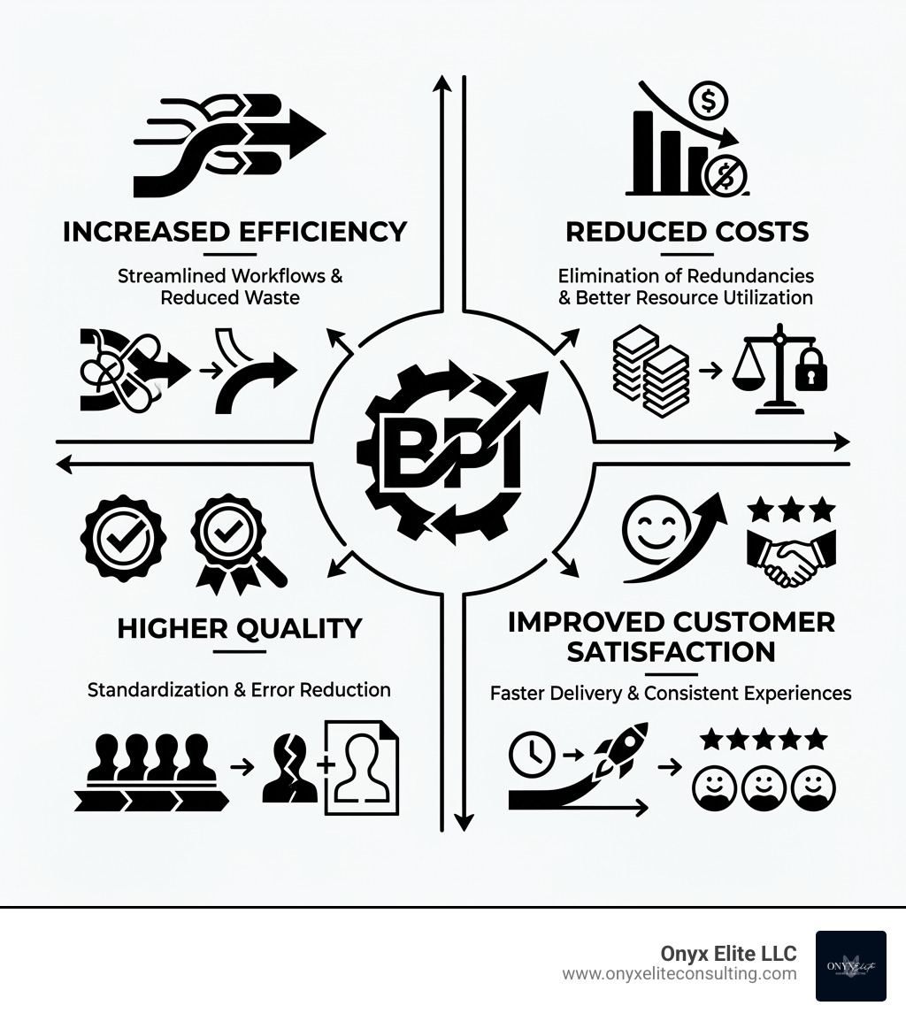 BPI Benefits Infographic showing four key outcomes: Increased Efficiency through streamlined workflows and reduced waste, Reduced Costs via elimination of redundancies and better resource utilization, Higher Quality through standardization and error reduction, and Improved Customer Satisfaction from faster delivery and consistent experiences - business process improvement infographic BPI Benefits Infographic showing four key outcomes: Increased Efficiency through streamlined workflows and reduced waste, Reduced Costs via elimination of redundancies and better resource utilization, Higher Quality through standardization and error reduction, and Improved Customer Satisfaction from faster delivery and consistent experiences - business process improvement infographic