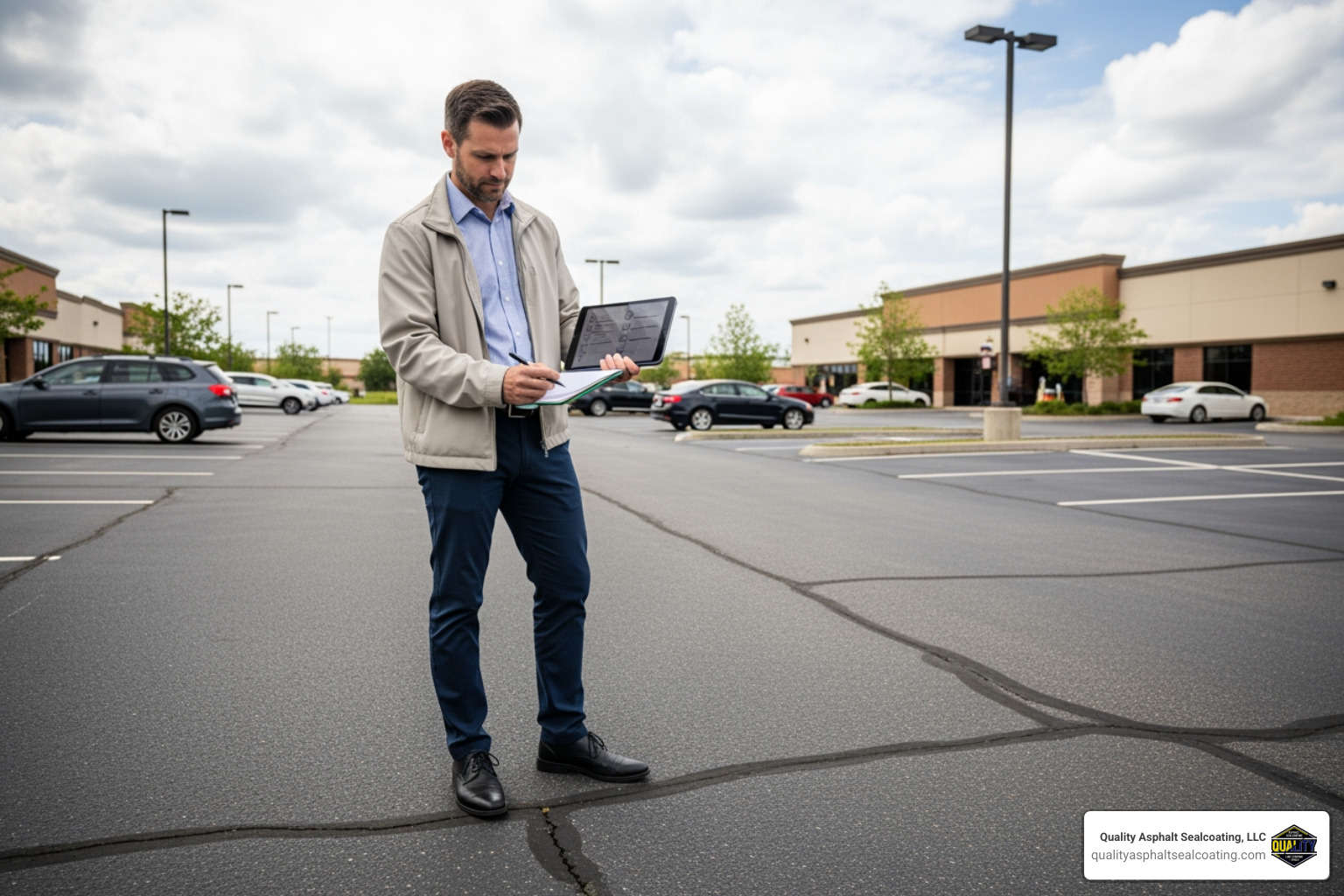 property manager inspecting parking lot with checklist - asphalt maintenance cost