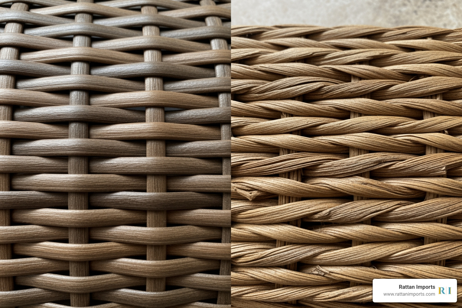 close-up shot showing the texture of resin wicker next to natural rattan - outdoor dining setting wicker close-up shot showing the texture of resin wicker next to natural rattan - outdoor dining setting wicker