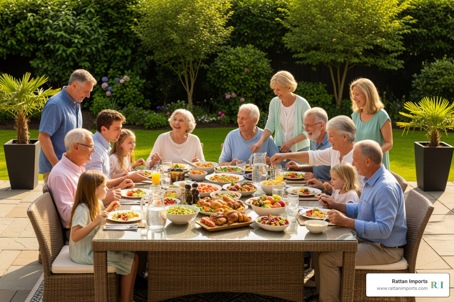 a family enjoying a meal at a large wicker dining table - outdoor dining setting wicker a family enjoying a meal at a large wicker dining table - outdoor dining setting wicker